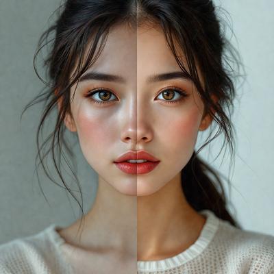 The primary subject of the image is a woman with long hair. She is wearing a white sweater and has a pink lipstick on her lips. The setting is a room with a white background. The visual style is a close-up of the woman's face, and the colors and mood are predominantly white and neutral.